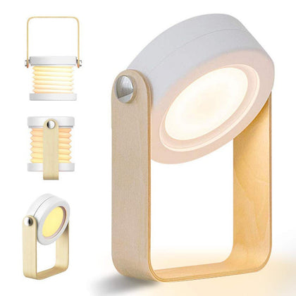 Foldable Reading Lamp LED Portable Bedside Lamp Touch Control Wireless Rechargeable Nightlight with Wooden Handle 3 Levels of Warm White Light for Camping Room
